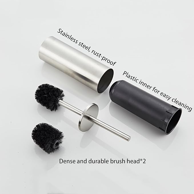 Brushed Nickel Toilet Brush and Holder Set - Stainless Steel Toilet Bowl Scrubber with Replaceable Head & Splash Guard