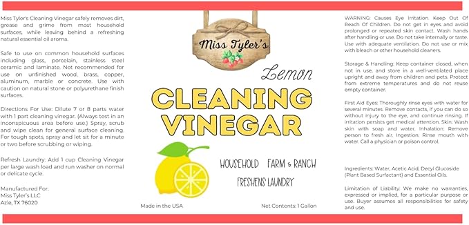 Miss Tyler's Cleaning Vinegar All Purpose Household Surface Cleaner, 1 gallon (Lemon)