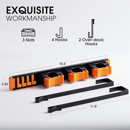 Unjumbly Broom Holder Wall Mount, Drilling Free Mop and Broom Holder with 2 Over Door Hooks, Tool Organizer for Laundry Room, Garage, Kitchen, Closet, Bathroom, Pantry - Orange