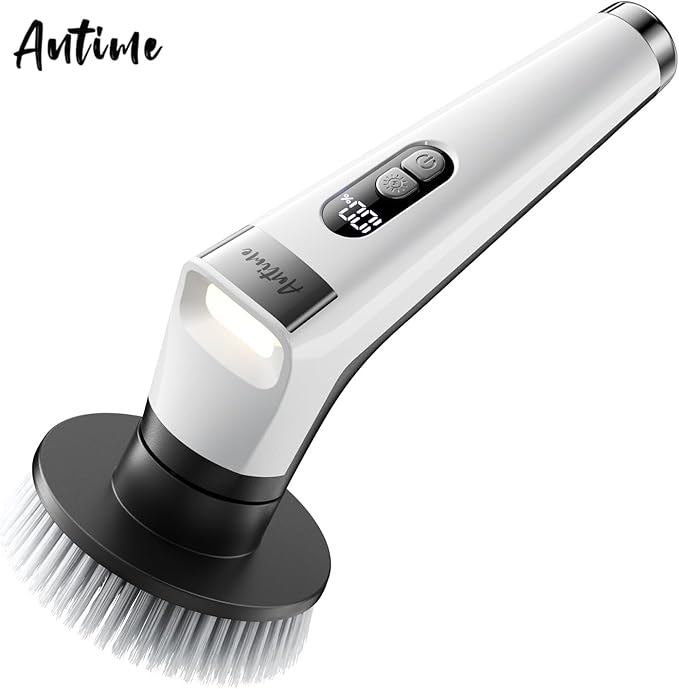 Antime Electric Spin Scrubber with LED Light, IPX8 Waterproof Cleaning Brush with LCD Display, 5 Replaceable Brush Heads, Shower Scrubber with 25kg Torque, 90min Runtime for Bathroom, Kitchen, Tile