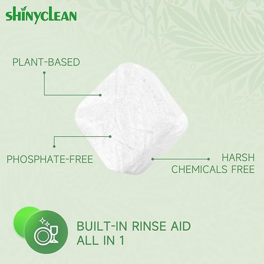 Dishwasher Detergent Tablets with Built-in Rinse Aid | All-in-1 Plant-Based Pods | Fragrance & Dye Free | Natural & Phosphate-Free | Biodegradable & No Unwrapping Needed | 62 Count