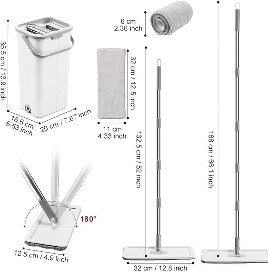 Flat Floor Mop and Bucket Set with Wringer, Flat Mops for Floor Cleaning, Wall Mop Cleaner with Long Handle, Hardwood Floor Mop with 3 Microfiber Pads (F)