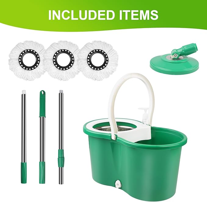 Spin Mop and Bucket with Wringer Set, 360°Spin Mop & Bucket Floor Cleaning System Mop Bucket with Adjustable Extended Handle 3 Microfiber Replacement Head Refills, Green