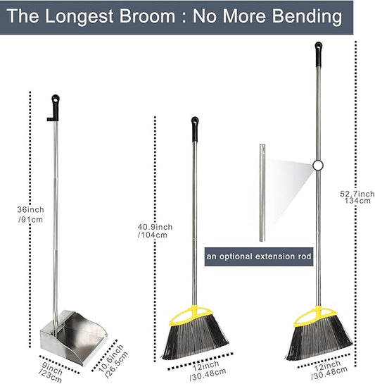 Broom and Dustpan Set, Outdoor Heavy Duty Broom with Stainless Steel Dustpan,Stiff Bristles Broom and Metal Dust Pan for Home
