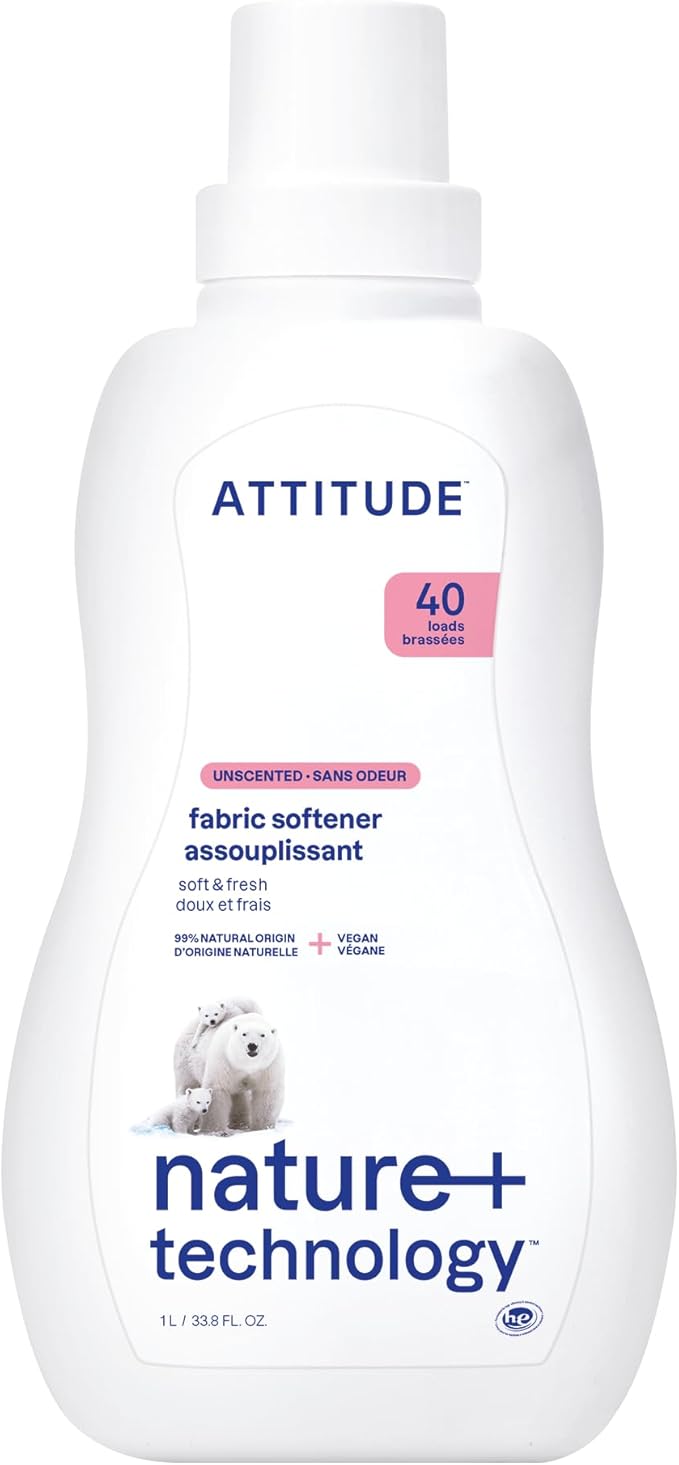 ATTITUDE Liquid Fabric Softener, Plant-Based & Vegan, HE Compatible, Naturally Derived, Unscented, 40 Loads, 33.8 Fl Oz