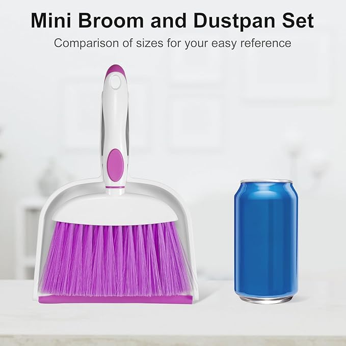 NACENA Small Dust Pan and Brush Set, Mini Broom and Dustpan Set Small Hand Broom and Brush Combo Dust Pan with Teeth for Home Cleaning Drawers Desktop Sofas and Outdoor, Purple