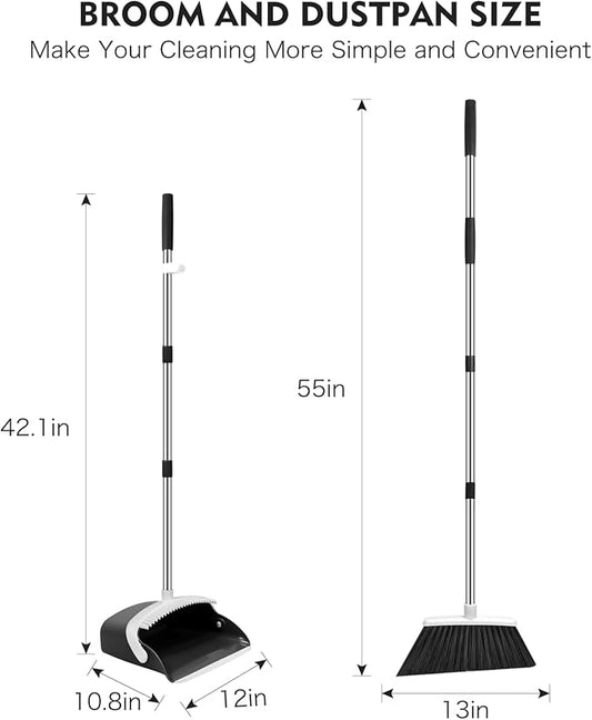 Broom and Dustpan Set, 55-in Long Adjustable Handle Broom with Dustpan Combo Set with Dustpans Teeth to Automatically Clean Hair Suitable for Home Kitchen Office Hall Lobby, Large(Black&White)