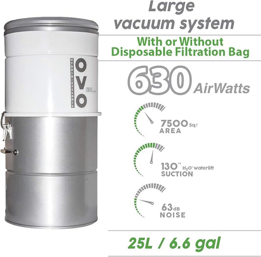 OVO Large and Powerful Central Vacuum System, 630 AWHybrid Filtration (With or Without disposable bags), Covers up to 7500 sq.ft, 6,6 Gal / 25L Bottom load Rolled Steel Canister