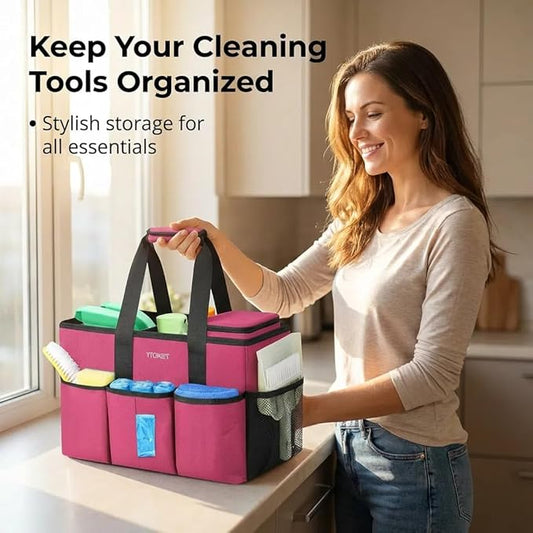 Ytonet Cleaning Caddy Bag, Large Cleaning Supplies Organizer with Handle & Foldable Divider for Cleaners, Water Resistant Housekeeping Supplies for Kitchen, Car Tool Caddy Organizer Bag, Rosered