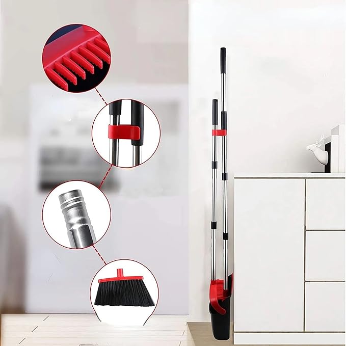 Standing Broom and Dustpan Set, Built-in Scraper Teeth, No-Slip Grip, Dust Collection Tray for Home, Office, Lobby, and Outdoor, Adjustable Handle from 38.18" to 52" (Black and Red)