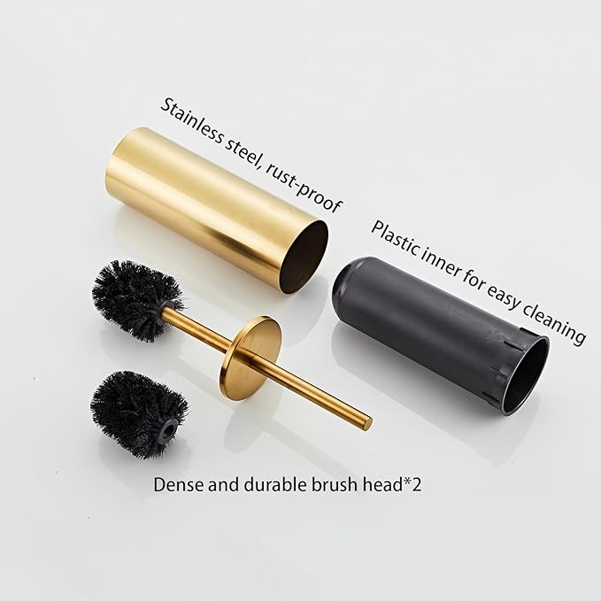 Brushed Gold Toilet Brush and Holder Set - Stainless Steel Toilet Bowl Scrubber with Replaceable Head & Splash Guard