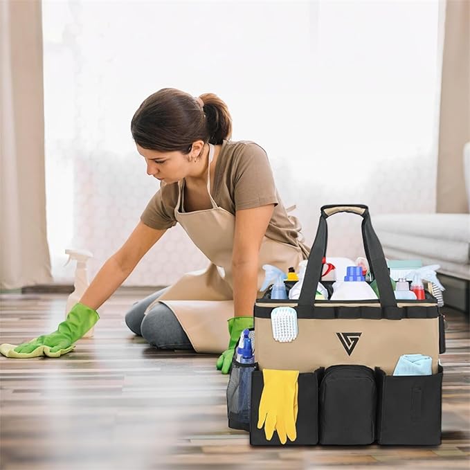 Professional Cleaning Kit - Durable Cleaning Caddy Bag with Black Apron and Trolley, Water-Resistant Organizer for Cleaning Supplies, PVC Polyester Cleaning Bag for Housekeepers - (Brown)