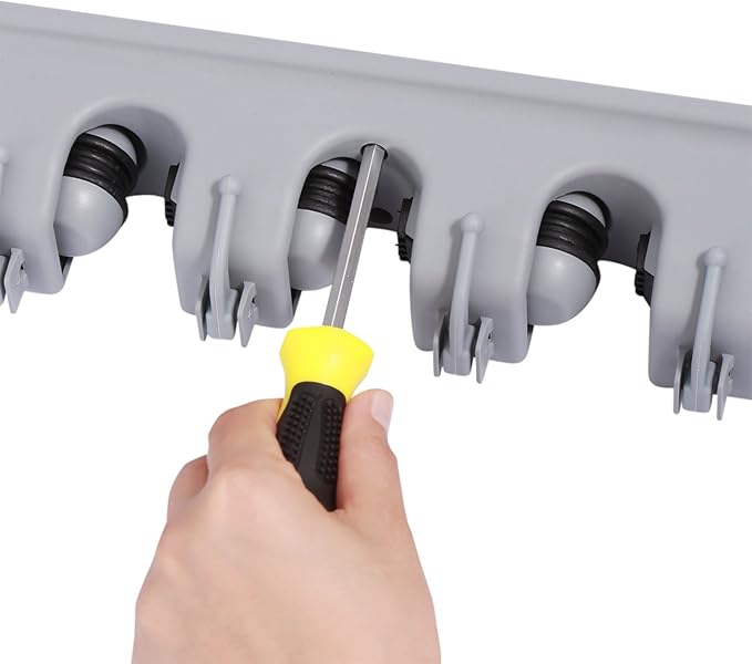 TOGU Mop and Broom Holder Wall Mounted 5 Position Storage Rack with 6 Retractable Hooks Holds up to 11 Tools Utility Weatherproof Holder for Garage Storage Systems Broom Organizer,Gray