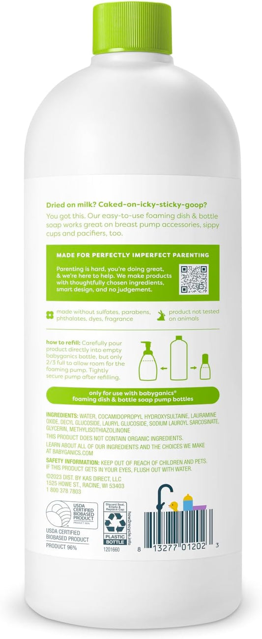 BabyGanics Foaming Dish & Bottle Soap, Fragrance Free, Removes Dried Milk, 32 Fl Oz (Pack of 2), Packaging May Vary