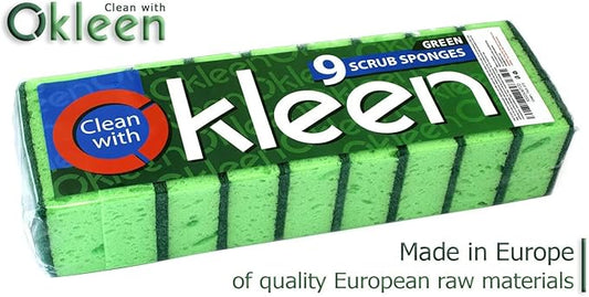 Green Multi Use Scrub Sponge. Made in Europe. 9 Pack, 4.3x2.8x1.4 inches. Odorless Heavy Duty and Non Scratch Fiber. Best, Durable, Delicate, Porous, Non Cellulose Kitchen Sponges and Scrubbers