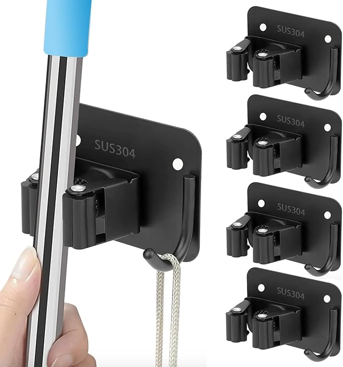 Mop and Broom Holder Wall Mount Stainless Steel 304 Tool Garage Organization Command Rack Screw and Self Adhesive 3m Broom Hanger Heavy Duty 4pcs (4pcs,black), TBJ001