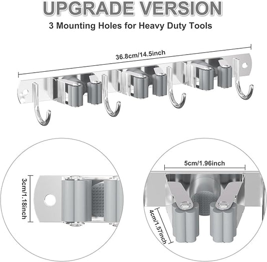 Broom Holder Wall Mount, Broom Organizer Wall Mount Stainless Steel Broom and Mop Hanger Heavy Duty Storage Organization for Home Kitchen Garden Garage Room 3 Racks 4 Hooks Grey