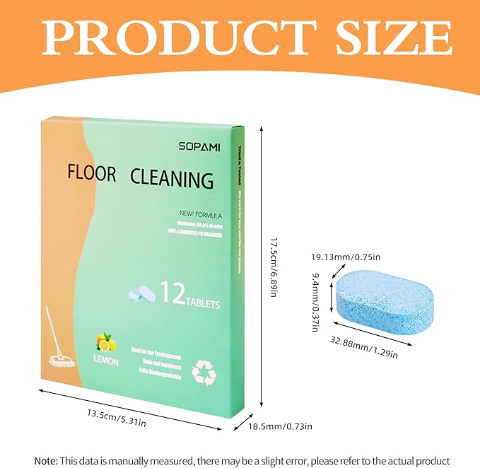 SOPAMI 24pcs Floor Cleaning Solution Tablet Deep Cleans for Multiple Hard Floors, Tile and Vinyl Floors,Suitable With All Robot Vacuums with Mopping and Cordless Wet/Dry Vacuum Mop Cleaner lemon Scent