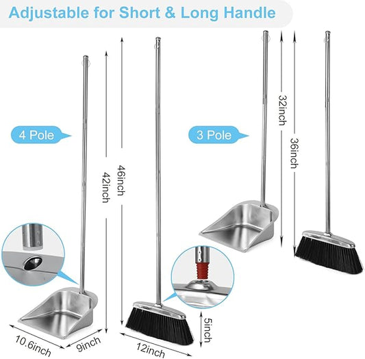 VOOWO Heavy Duty Broom and Dust pan Set, Stainless Steel Broom and Dustpan Set with Long Handle, Broom with Dustpan Set for Home Standing Dust Pan Indoor Outdoor Brooms Dustpan