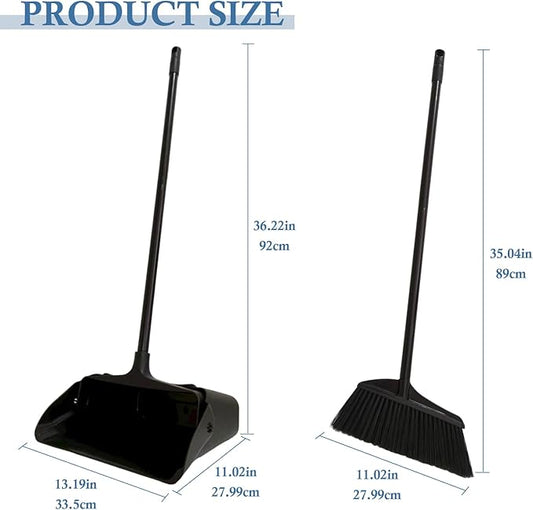Broom and Dustpan Set with Long Handle and Wheels, Upright Standing Heavy Duty Large Dust Pan and Broom Combo for Indoor Outdoor, Kitchen, Garage, Restaurant Cleaning – Black