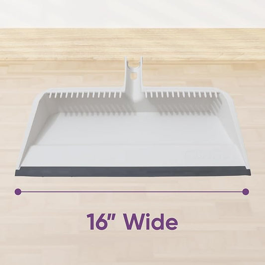 Superio Wide Plastic Dustpan with Comb - 16" Wide, Rubber Lip, Broom Handle Clip, White
