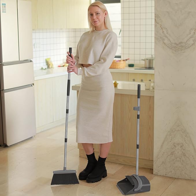 Broom and Dustpan Set, Dust pan with Long Handle, Broom with Dustpan Combo Set, Broom and Dustpan for Home, Indoor or Outdoor Cleaning Tool (Deep Gray&Light Gray)
