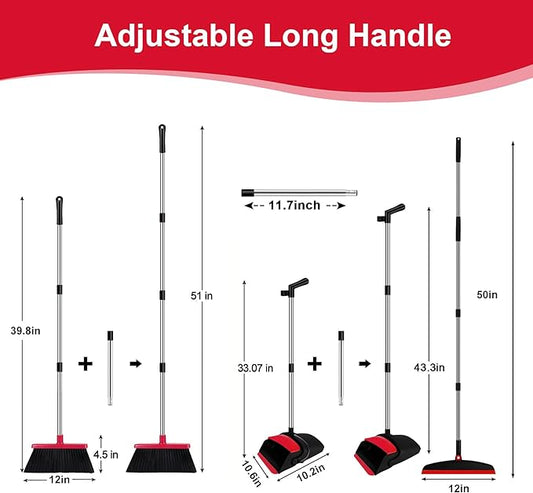 Broom with Dustpan Combo Set and Silicone Air Broom Kit, 51" Long Handle Floor Squeegee, Red Household Kit for Glass Window Rugs Pet Hair Home