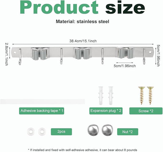 2 Pack Broom Holder Wall Mount 3 Racks 4 Hooks Stainless Steel Broom Mop Holder Anti Slip Storage Rack Strong Load Bearing Waterproof Broom and Mop Organizer Wall Hanging for Bathroom Kitchen Garage