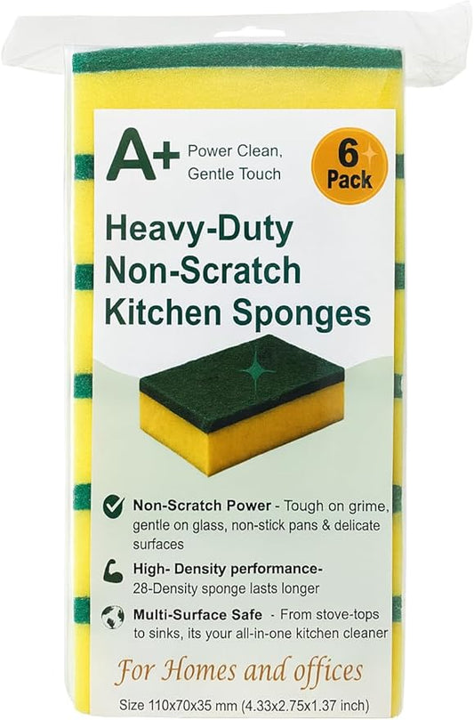 Kitchen Cleaning Sponge,Heavy Duty,Non-Scratch,High Density and for Multi-Surface Use (Homes & Offices) - 6 Pack (Yellow/Green)