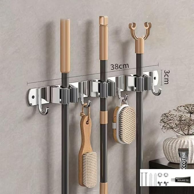 Mop and Broom Holder Wall Mount, 3 Racks with 4 Hooks, Stainless Steel Broom Organizer, Self Adhesive or Screw Mounted, Heavy Duty Storage for Home Kitchen Laundry Garage (silver)