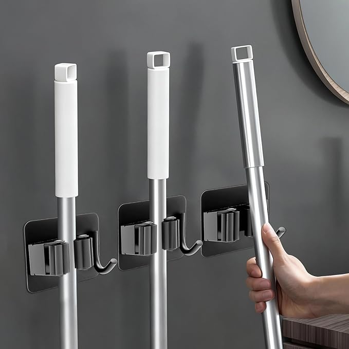 4 Pack Mop Broom Holder Wall Mounted, Stainless Steel Mop Broom Organizer with Hooks Hanger, No Drilling Self Adhesive Mop Handle Hanger for Kitchen Garage Office