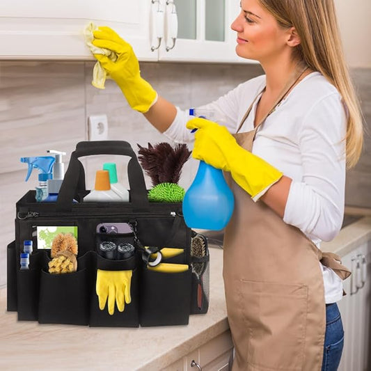 Qivine Cleaning Caddy with Handle, Cleaning Supply Caddy Foldable Tool Bag Cleaning Products Organizers Portable Cleaning Bucket Organiser for Storing Towels(Black Square)