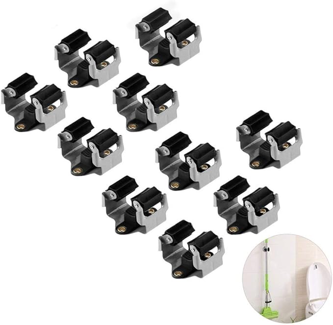 Broom Holder Wall Mount 10 Pack Heavy Duty Metal Mop Broomstick Shovel Handle Hanging Clips Clamp Organizer Hanger Rack Gripper Black
