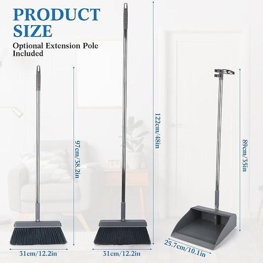 Nosiny 6 Broom and Dustpan Set with 48 Inches Long Handle with Stand up Dustpan Combo Set Large Size and Stiff Broom Dust Pan for Office Kitchen Lobby Floor Use