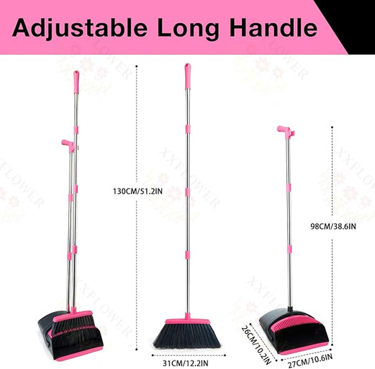 Broom and Dustpan Set, Long Handle Lightweight Dustpans with Broom Combo for Home, Indoor&Outdoor Sweeping for Home Room Kitchen Office Lobby (Black Pink)