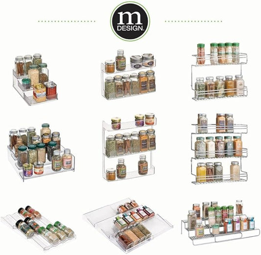 mDesign Expandable Plastic Deluxe Spice Rack, Drawer Organizer for Kitchen Cabinet Drawers, 3 Tier Slanted for Spice Jars, Food Seasoning Bottle Storage, Ligne Collection - Clear