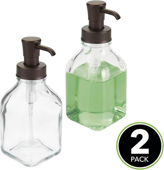 mDesign Square Glass Refillable Liquid Soap Dispenser Pump Bottle for Bathroom Vanity Countertop, Kitchen Sink - Holds Hand Soap, Dish Soap, Hand Sanitizer, Essential Oils - 2 Pack - Clear/Bronze