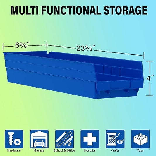 Akro-Mils 30164 Plastic Shelf Bins, Heavy Duty Storage Bins for Garage, Closet, and Drawer Organization, 24-Inch x 6-1/2-Inch x 4-Inch, Blue, 6-Pack