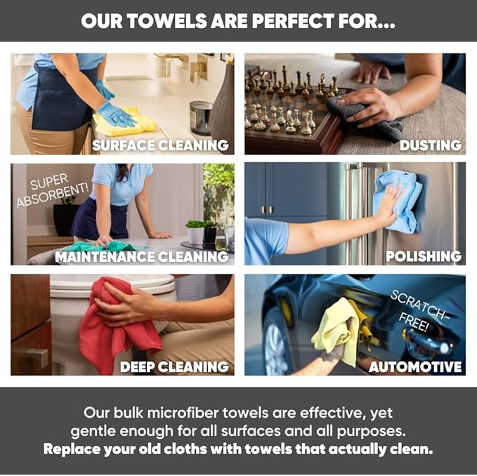 Bulk 16" x 16" All Purpose Microfiber Towels Wholesale - Case Quantity (200 Count) | Large | No Fraying | High Density Microfiber | Zero Chemical Cleaner | Long-Lasting (Black)