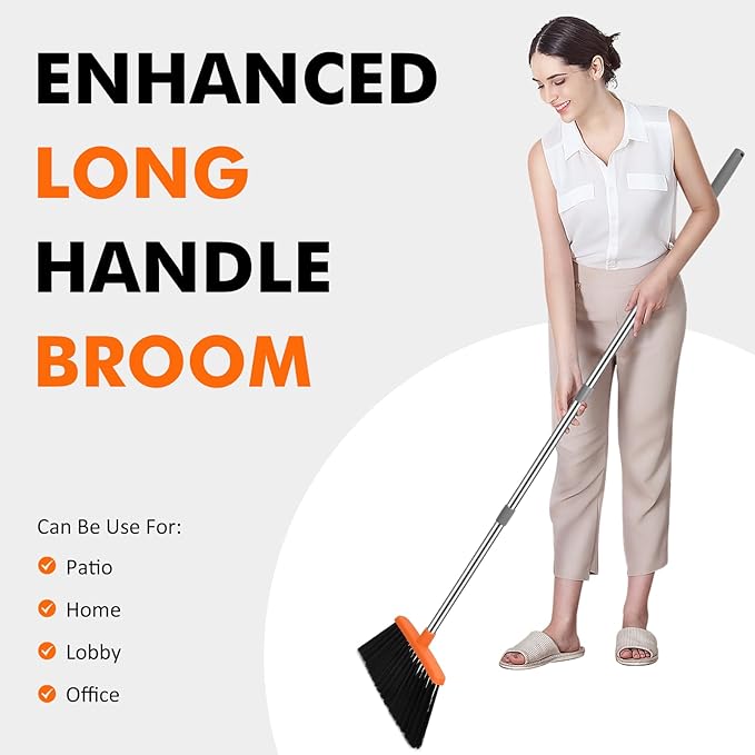 NACENA Heavy Duty Broom, 55 Inch Long Handle Outdoor Large Angle Brooms, Commercial Broom for Sweeping Indoor, for Home Garage Kitchen Office Courtyard Lobby Patio Lawn Concrete, 2 Pack (Grey&Orange)