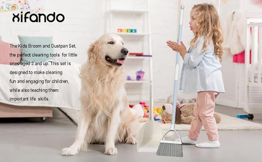 Mini Broom with Dustpan for Kids,Little Housekeeping Helper Set (White+Grey)