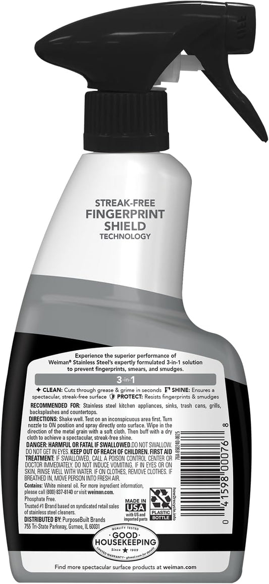 Weiman Stainless Steel Cleaner and Polish - Protects Appliances from Fingerprints and Leaves a Streak-Free Shine for Refrigerator, Dishwasher, Oven, Grill, 22 oz, 6 Pack