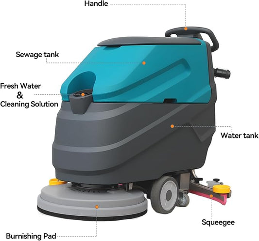 Walk-behind Floor Scrubber Machine, 22" Cleaning Width, 31.5" Suction Width, 18.5-gal Sewage Tank, 15.9-Clear water tank, 32000 Sqft/h, Complete Set of Parts