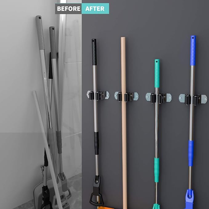 CWOVRS Broom Holder Wall Mount, 4 Pack Mop Holder Stainless Steel Mop and Broom Holder Heavy Duty Broom Hanger Wall Mount for Kitchen Garden Garage etc.
