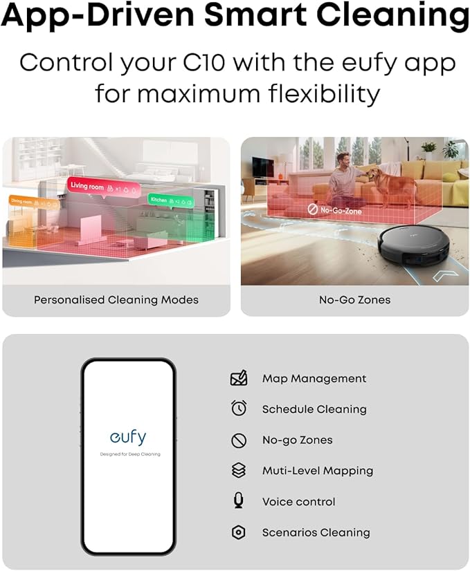 eufy Like-New C10 Robot Vacuum Self Emptying, 8 Weeks Hands Free, Advanced Smart Mapping with LiDAR Navigation, 2.85-Inch Slim Design, Powerful Suction, Edge Expansion Brush for Pet Hair(Renewed)