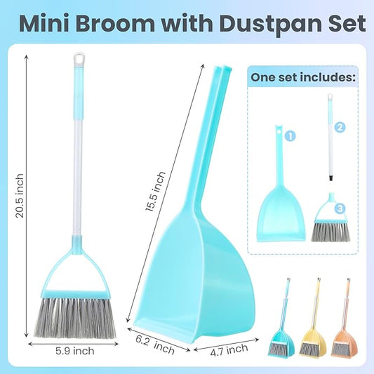 Roshtia 3 Pcs Mini Broom with Dustpan for Kids Broom and Dustpan Set Toddler Cleaning Set Boys Girls Small Cleaning for Kitchen Bathroom Pet (Yellow,Red,Green)