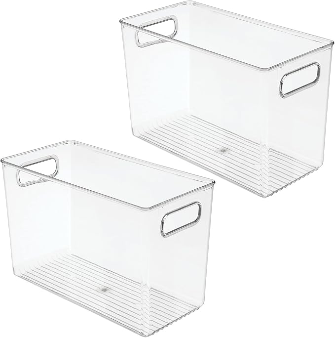 mDesign Plastic Modern Kitchen, Pantry Food Storage Container Bin w/ Handles - Cabinet, Fridge/Freezer, Countertop Organizer - Snacks/Drink/Appliances; Ligne Collection, Clear, 12x6x7.75 (Pack of 2)