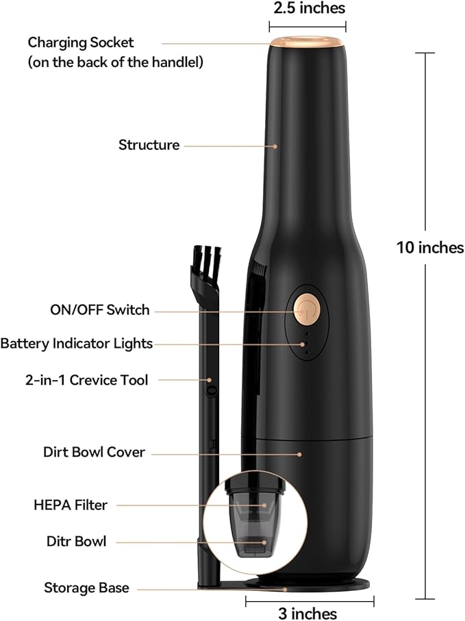 Handleld Vacuum Cordless -Car Vacuum Portable Rechargeble -Hand Held Small Vacuum Cleaner Car Seats, Home, Quick Cleanup, Strong Suction, Lightweight, Includes Crevice Nozzle & Brush -H3