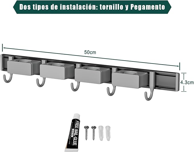 Broom Holder Wall Mount Movable Hooks and Clips Mop and Broom Hanger Wall Mounted Aluminum Garage Tool Organizer Storage adhesive (30cm, Grey)