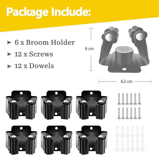 Verdenu 6 Pack Broom Holder, Stainless Steel Command Broom Holder with Screws, Garden Tool Rack for Kitchen, Home, Bathroom, Garage Storage, Black